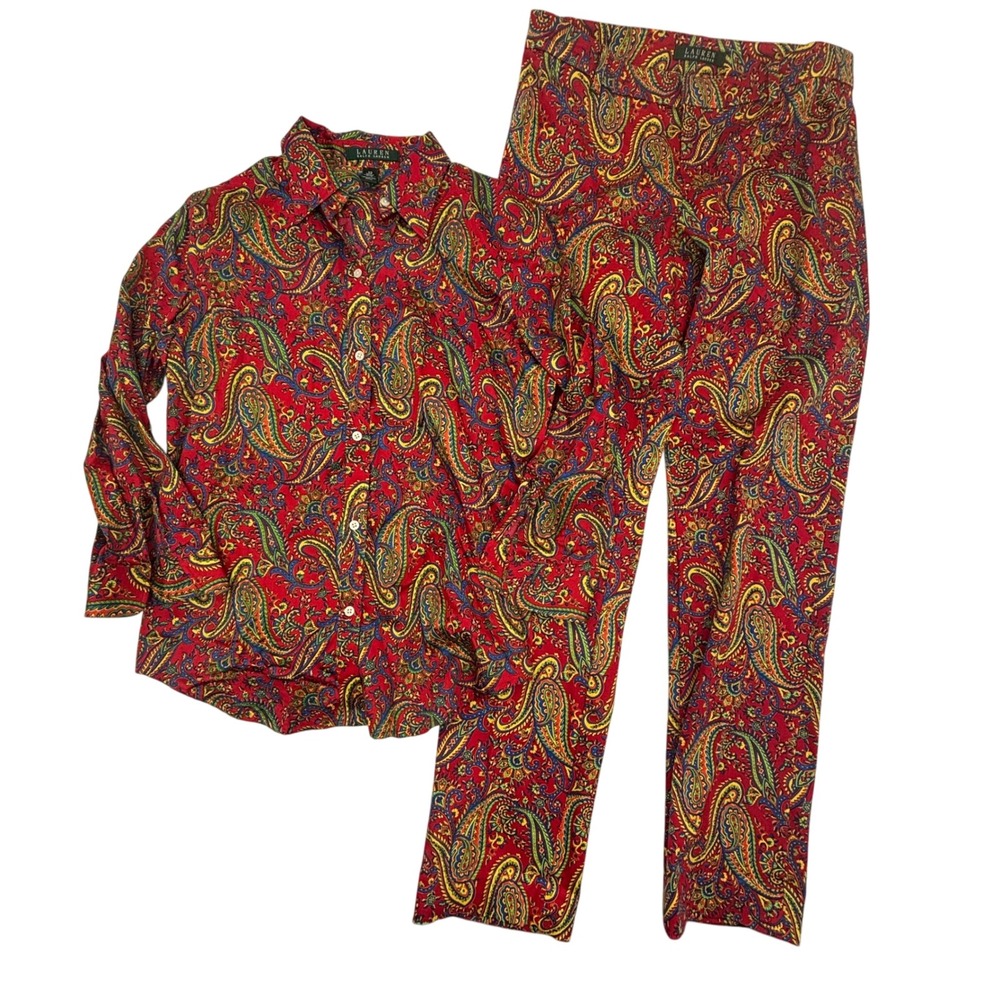 Lauren Ralph‎ Lauren Red Paisley Print Button Down Shirt Pants Set Women XS Sz 4